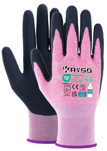 KAYGO guanti da lavoro rivestiti in lattice per le donne traspiranti, 12 paia guanti da giardinaggio in poliestere riciclato, guanti da lavoro ecologici per le donne, KGE19L (Rosa, XS, taglia 6)