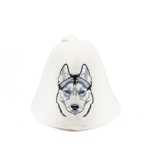 SAUNA GURU Husky Hat - Gorro de fieltro de lana 100 % orgánica, protector de pelo Banya, accesorio de sauna ruso bordado, regalos para hombres y mujeres, Husky