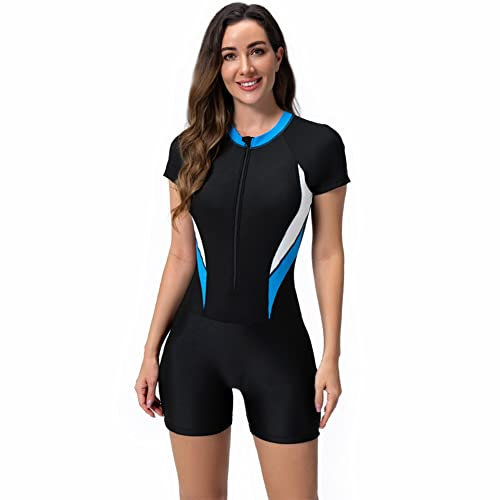Odizli Swimming Costume Women Shorts Sports Short Sleeve Zip Up Modest Swimwear One Piece Full Body Muslim Burkini Boyleg Swimsuits Ladies Rash Guard Swim Wear Bathing Suits Wetsuit #1018 Black S
