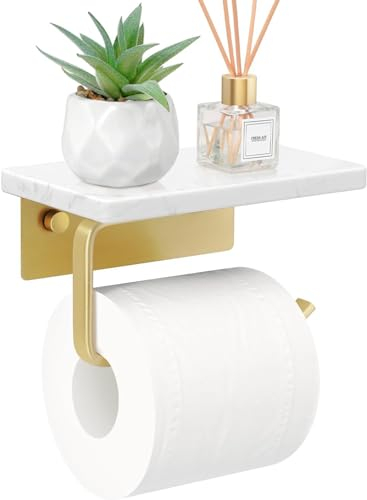 Toilettenpapierhalter ohne, Toilet Paper Holder wc rollenhalter mit natürlichem 20 cm Marmor Ablage, Selbstklebende WC Papier Halterung Wandmontage Klorollenhalter für Küche und Badzimmer (Weiß)