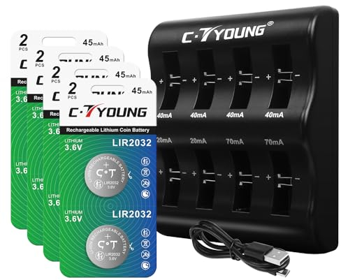 2032 Lithium-Knopfzellen-Akkuladegerät mit 8 Steckplätzen für 8 wiederaufladbare 3,6V 2032 Batterien