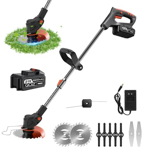Debroussailleuse Electrique sans Fil, Coupe Bordure 21V avec Batterie et Chargeur 3 Types De Lames, Pliage Rétractable, pour Le Nettoyage du Jardin, Les Mauvaises Herbes, Les Arbres à Fleurs (A)