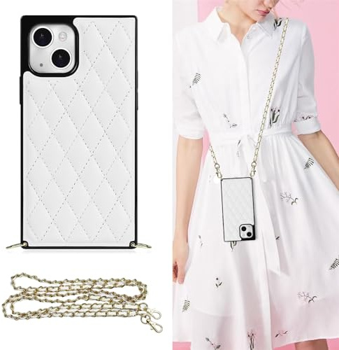 SLLMYYX Compatible with iPhone 13 Case Crossbody Chain, Phone Case for Women Girls, Cellphone Crossbody Case, Phone Case with Chain, 6.1 inch (White)