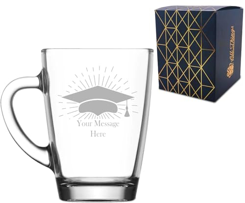 Personalised Engraved Graduation Glass Coffee Cup with Grad Cap Burst Design, Personalise with Any Name or Message, Gift Box Included, Laser Engraved, University College Graduation Gift