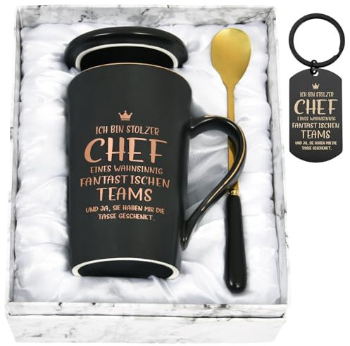Joymaking Keramik Kaffeetasse mit Schlüsselanhänger - Ich bin stolzer Chef eines wahnsinnig fantastischen Teams - Chef Tass Geschenke zum Geburtstag Abschied Rentenbeginn Geschenk, 400ml Schwarz