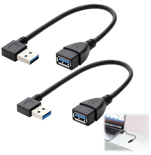 GBULTR 2PCS USB 3.0 Extension Cable Set, 90 Degree Male to Female Adapter, Left and Right Angle Extender, High-Speed Data Transfer, Space-Saving Design for Devices with USB Ports (20cm, 8in)