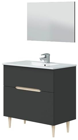 Miroytengo Mueble de Baño con Espejo y Lavabo cerámico Lotto Color Gris Antracita y Roble Claro 80x45x80 cm