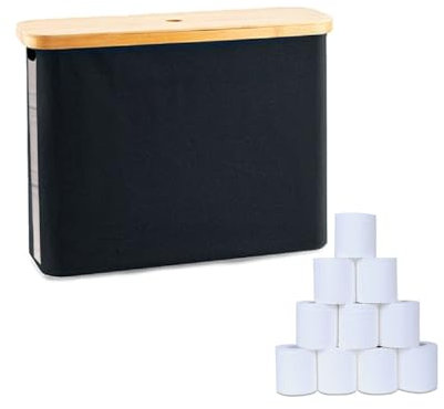 Panier de rangement pour papier toilette, organiseur de papier toilette avec couvercle en bambou pour salle de bain, support de papier toilette autonome avec fenêtre de visualisation (noir)