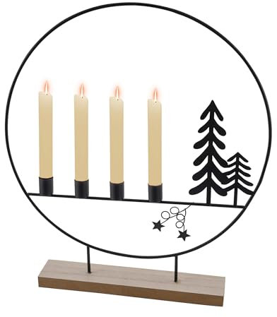 Metall Advents Kerzenständer Ring schwarz mit Schattenbild - 46 cm - Kerzenleuchter für 4 Stabkerzen mit Tannen Silhouetten - Tafelkerzen Halter Deko Aufsteller für Weihnachten