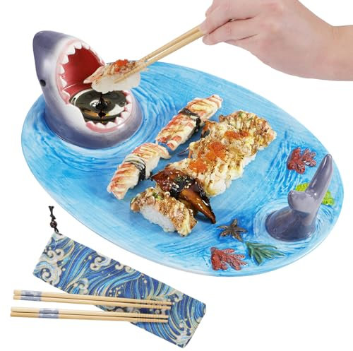 EXLIPO Shark Sushi Tray, Upgraded 3-in-1 Shark Sushi Plate with Chopsticks, Shark Sushi Plate, Shark Plate with Sauce Compartment, Food Safe Material, Microwave/Oven/Refrigerator/Dishwasher Safe