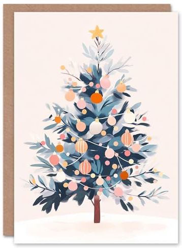 Wee Blue Coo Greeting Card Decorated Tree Pink Orange Baubles Fairy Lights Blank For Him Or Her Art Xmas Christmas Card