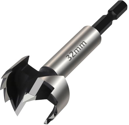 Vearter Broca Forstner de 32 mm, broca para madera de acero con alto contenido de carbono con vástago hexagonal, broca perforadora para madera, madera maciza, MDF, plástico, aglomerado, madera