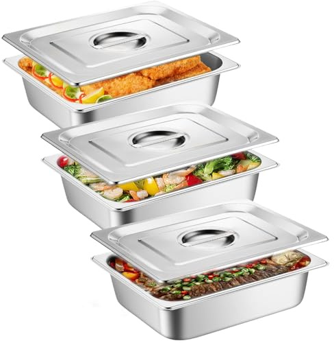 GOMETY Panierschalen Set 3-Teilig, GN Behälter 1/3 Edelstahlbehälter mit Deckel, Panier-Set aus Edelstahl 3-teilig, Schale zum Panieren, Ideal zum Speisen und Chafing Dish, 32.5×17.6×6.5 cm