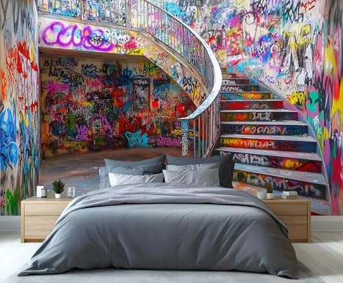 YXQAIED Graffiti-Tapete, Treppenhaus, Graffiti, Schlafzimmer-Tapete, Stadtstraßen, Wohnzimmer, Straßenkunst, großes Poster, Wandbild und Raumdekoration (nicht abziehen und aufkleben)