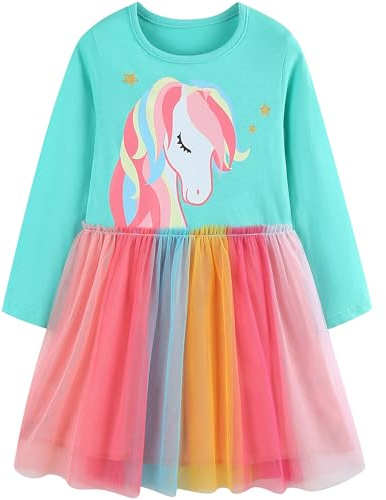 FILOWA Kleider für Mädchen Kurzarm Pailletten Tüll Sommer Kleid, Gr.92-128 | Einhorn Stickerei Kleider, Baumwolle Kinderkleider, Casual Mädchenkleid, Tiere Muster, Kinder Prinzessin Party Sommerkleid