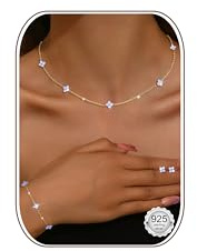 LOLIAS Kette Silber 925 Damen Ohrstecker Gold Armband Set Verstellbare Choker Halskette Gliederkette mit Niedlichen Zirkonia Zierliche Hochzeit Braut Schmuck Set