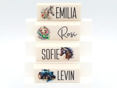 Radiergummi personalisiert mit Name für Kinder zur Einschulung mit Einhorn, Traktor, Dino, Auto, Ballerina uvm.