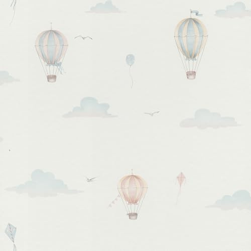 Rasch Kids World Collection 302622 Non-Woven Wallpaper with Small, Colourful Hot Air Balloons, Children's Wallpaper with Balloons and Dragons