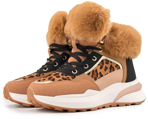 JOMIX Bottines Femme d’Hiver Chaudes Chaussures avec Col en Fausse Fourrure Semelle Antidérapante Légères Sneakers pour la Ville et le Quotidien WFB255289 Léopard 38