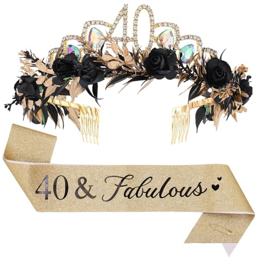 PartyforU Geburtstagskrone Schärpe Set, 40 Geburtstag Schwarz-Goldene Blumen Tiara Krone und Fabulous Schärpe, Birthday Haarreif Erwachsene Geburtstagsgeschenk für Frau