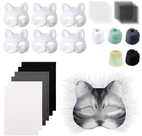 Therian Mask 6 Stück Katzenmaske zum Bemalen Tier Katze Maske DIY Set mit Blanko Katzen Masken, Kunstpelz, Augennetz und Filztuch, Furry Tiermasken für Karneval Halloween Maskerade Rollenspiele