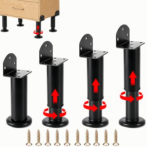 Pieds de Meuble Réglables 4 Pièces, 12-18 cm Métal Noir pour Armoire | Pieds à visser en métal noir, double fixation en L pour pieds d’armoire, commode, étagère et meuble cuisine