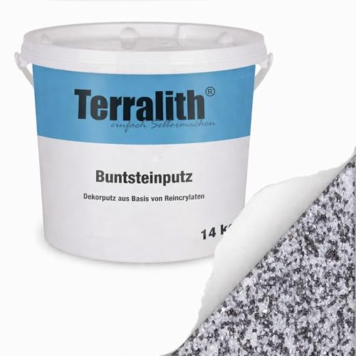 Terralith Buntsteinputz 14kg in weiß, Sockelputz für Innen und Außen mit Reinacrylat Bindemittel aus Naturstein, 1-2mm Körnung (BSP1083)