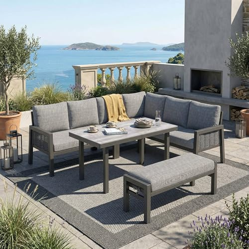 LinoraFurn Garten-Essgruppe,Gartenmöbel-Set,8 Personen, Eckstellung, Verzinktes Eisen, Glastischplatte, handgefertigtes PE-Geflechtseil, Beinhaltet Esstische, Bänke und Sofas (grau)