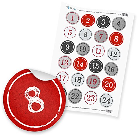 itenga Adventskalenderzahlen Zahlensticker 1-24 StempelDesign rot grau Silber weiß Hochglanz