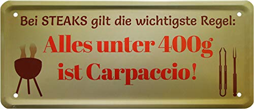 WOGEKA ART Retro Blechschild - Steak - Alles unter 400g ist Carpaccio Grillen - witziger Spruch als Geschenk-Idee Geburtstag Weihnachten Deko 28x12 cm Vintage-Design Metall 2021