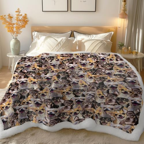 BlessLiving Fuzzy Dogs Blanket For Kids Adults Cute Puppy Fleece Blanket Reversible Animal Pattern Sherpa Throw Travel/Single (Chihuahueño,130x150cm)