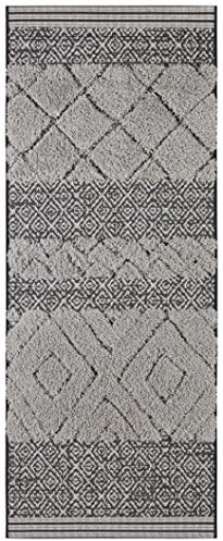 Mint Rugs Todra Teppich – Wohnzimmerteppich Flachgewebe mit Hochflor Absetzung im Ethno Design, kuscheliger Vintage Läufer für Wohnzimmer, Schlafzimmer, Esszimmer, Flur – Schwarz Grau, 80x200cm