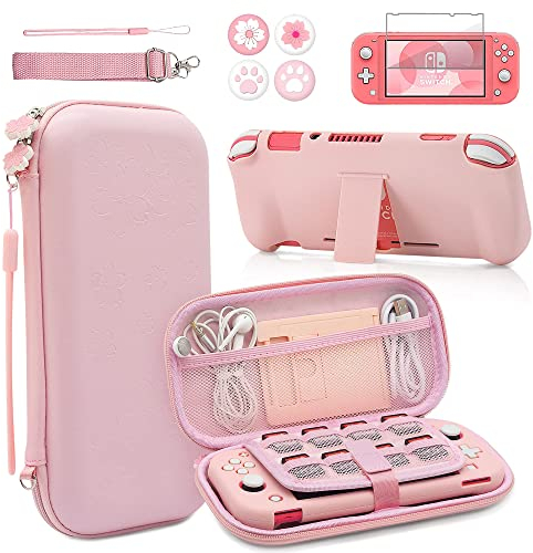 BRHE Switch Lite Tasche Hülle Zubehör Set , Hartschalen Aufbewahrungstasche Reise-Set mit harter Schutzhülle, Bildschirmschutz und Daumengriffkappen für Nintendo Switch Lite Konsole 9-in-1, Rosa