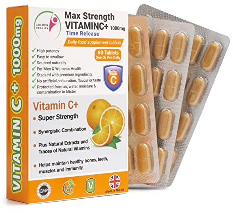 Max Strength Vitamin C+ (Time Release) 1000mg Supplements | High Potency | Synergistic Combination | Immunity Vitamin | Bones & Teeth | Made from Quality Natural Ingredients | Made in The UK