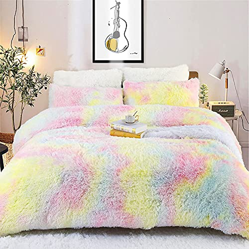 Sacebeleu Plüsch Bettwäsche Set 135x200cm 4 Teilig Bunt Warme Winter Flauschig Flanell Biber Mädchen 2 Bettbezug mit Reißverschluss und 2 Kissenbezug 80x80cm