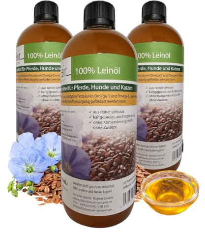 3 Liter ProFair Leinöl (3 x 1 Liter-Flasche) kaltgepresst, 100% aus Reiner Leinsaat, Erstpressung, ohne Zusätze, Einzelfuttermittel für Pferd, Hund und Katze