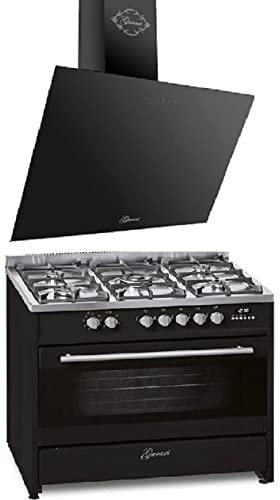 GURARI Gas Elektro Standherd GCH E 911 BL+GCH 286 Bl 9 Prime 90 cm/Range Coocker / 121L / 8 Funktionen/Erd-/Propangas + Dunstabzugshaube 90cm/ Schwarz Glas/Saugstark 1000m³/h