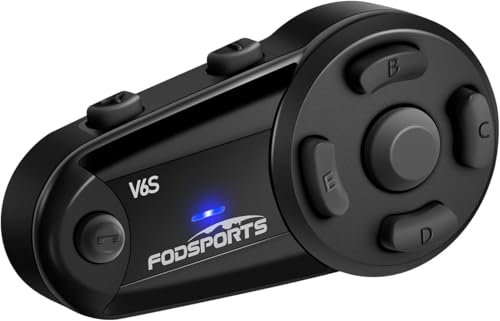 Fodsports V6S Helmet Bluetooth Intercom, 2-Way 1200M Motorcycle Intercom Communication System, Bluetooth 5.0 Interphone Wireless Handsfree Motorbike Headphone Connect Up to 6 Riders