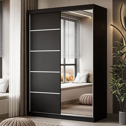 lukmebel Kleiderschrank Camaro II Plus - Kleiderstange Schrank - Schwebetürenschrank mit Spiegel 150x59x215 cm Schrank Schwarz - Schlafzimmer Möbel - Aluminiumgriffe - Mehrzweckschrank