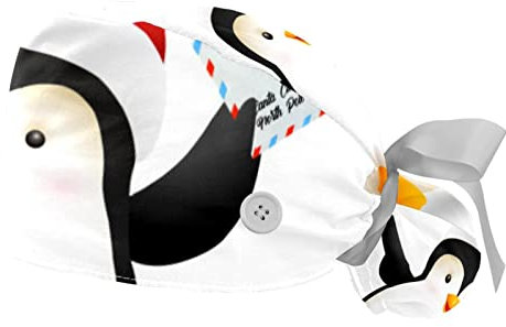 2 Packungen Arbeitskappe mit Knöpfen und Band für Frauen langes Haar, verstellbares Baumwollschweißband Pferdeschwanzhalter Raffhalter Hüte Happy Xmas Pinguin, multi, Einheitsgröße