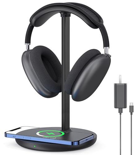 Headphone Stand with Wireless Charger, Gaming Headset Holder Hanger Rack 2 in 1 Wireless Charging Station Dock for iPhone 14/13/12/11 Series, Samsung, AirPods Pro/3/2 and Desk All Headphones, Black