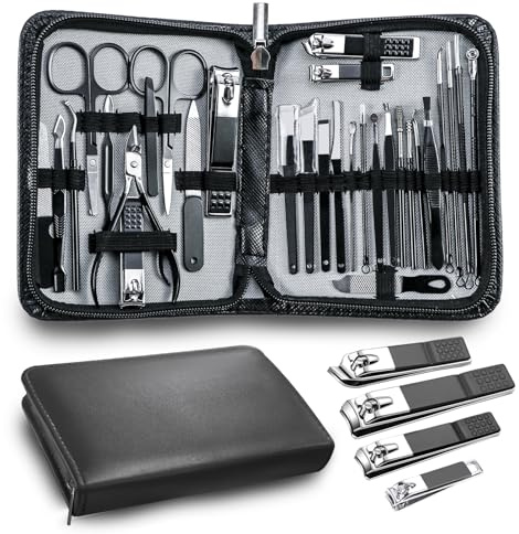 Manicure Pedicure Kit Professional 30pcs Complete Nail Care kit，fingernail and toenail Clippers and Manicure kit for Men with Travel Deluxe Beauty Tools Convenience Set (Black)