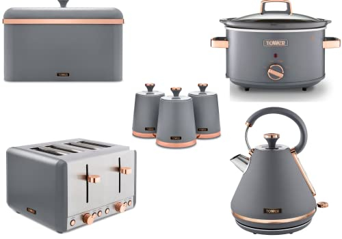 Tower Cavaletto Grey & Rose Gold 3KW 1.7L Pyramid Kettle, 4 Slice 1800W Toaster, 6.5L Slow Cooker, Bread Bin & Set of 3 Tea, Coffee, Sugar Canisters. Matching Kitchen Set of 7 Items
