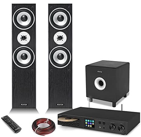 Audizio Tower HiFi System with Floor Standing HiFi Speakers, Active 10 Subwoofer, Stereo Amplifier, Bluetooth, Spotify Connect, DAB+/FM Radio, CD Player & Cables - Complete Home Audio Bundle