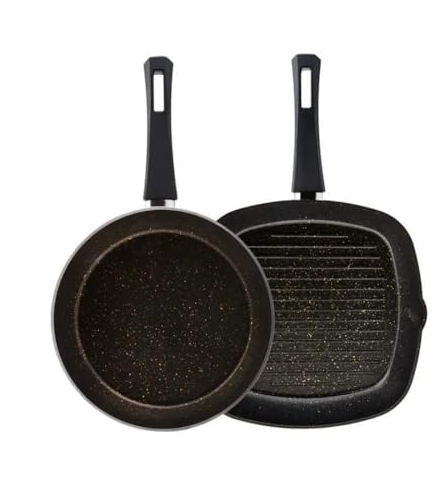 KARACA Biogranite Induction Pan Set, 2 Pieces, Black/Gold, Casserole and Egg Pan Set, Biogranite, Pan, Egg Pan, Non-Stick Function, Advanced Technology, Households and Families
