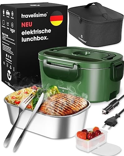 TRAVELISIMO Gamelle Chauffante 80W Lunch Box Chauffante Electrique 1,5L Boite Repas Isotherme 220V 24V 12V Boite Chauffante Repas Camion Bureau, Gamelle Chauffante Allume Cigare Boite Repas Chauffante