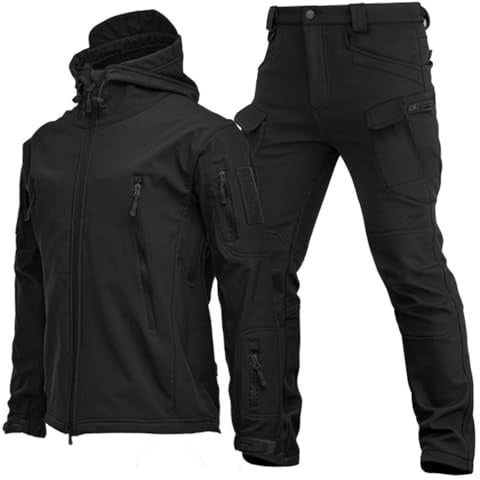 RVUEM Giacca Tattica, Giacche da Caccia Softshell, Uniforme Mimetica Impermeabile dell'Esercito, Tuta Mimetica Militare, Giacca E Pantaloni Tattici da Uomo, Impermeabile, Leggero,Nero,XXL
