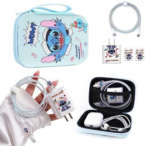 DiyGody DIY Phone Charger Cover Storage Sets USB Earphone Wire Saver Cable Organizer with Cartoon Cord Storage Bag, Soft Cute Cable Protector Cord Organizer Compatible for iPhone(Blue)