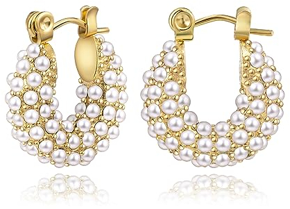 YeGieonr Ohrringe Gold Creolen für Damen, Funkelnde Edelstahl Kleine Creolen mit Regenbogen Strasssteinen und Perlen, Hypoallergen Modeschmuck Geschenk für Frauen und Mädchen