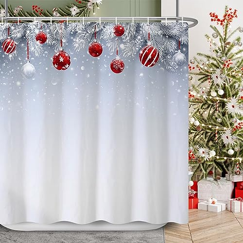 Ttincceer Tenda da Doccia Buon Natale 180x180cm Rosso e Bianco Palla di Natale Scintillante Tenda da Bagno Grigio Chiaro Ombre Tenda da Bagno di Capodanno Impermeabile